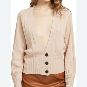 Kallspun Women's Beige Ribbed V-Neck Cardigan Sweater Cashmere and Wool‎ Size XS